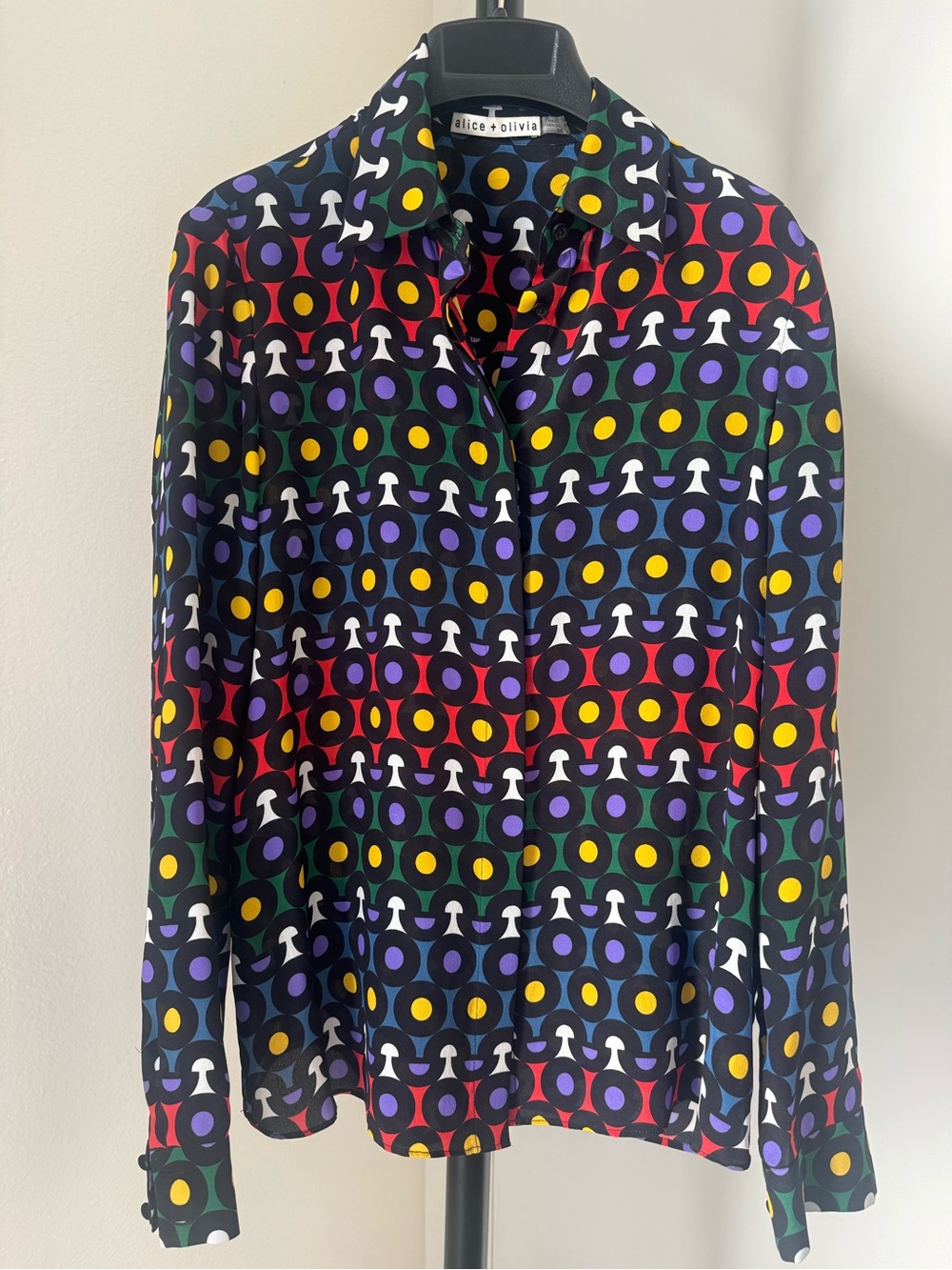 Alice + Olivia Black Multicolor  Mushroom Button-Down Silk Shirt -S